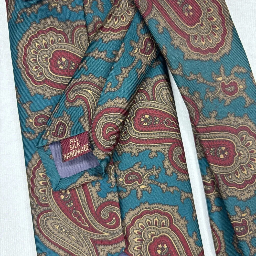 GJ Cahn for TMB Handmade 100% Silk Tie Green Burgundy Paisley Classic Necktie